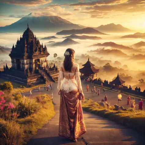 generate a traditional girl wearing kebaya standing in front of candi, beautifull sky, sunlight, beautifull clouds, beautifull p...