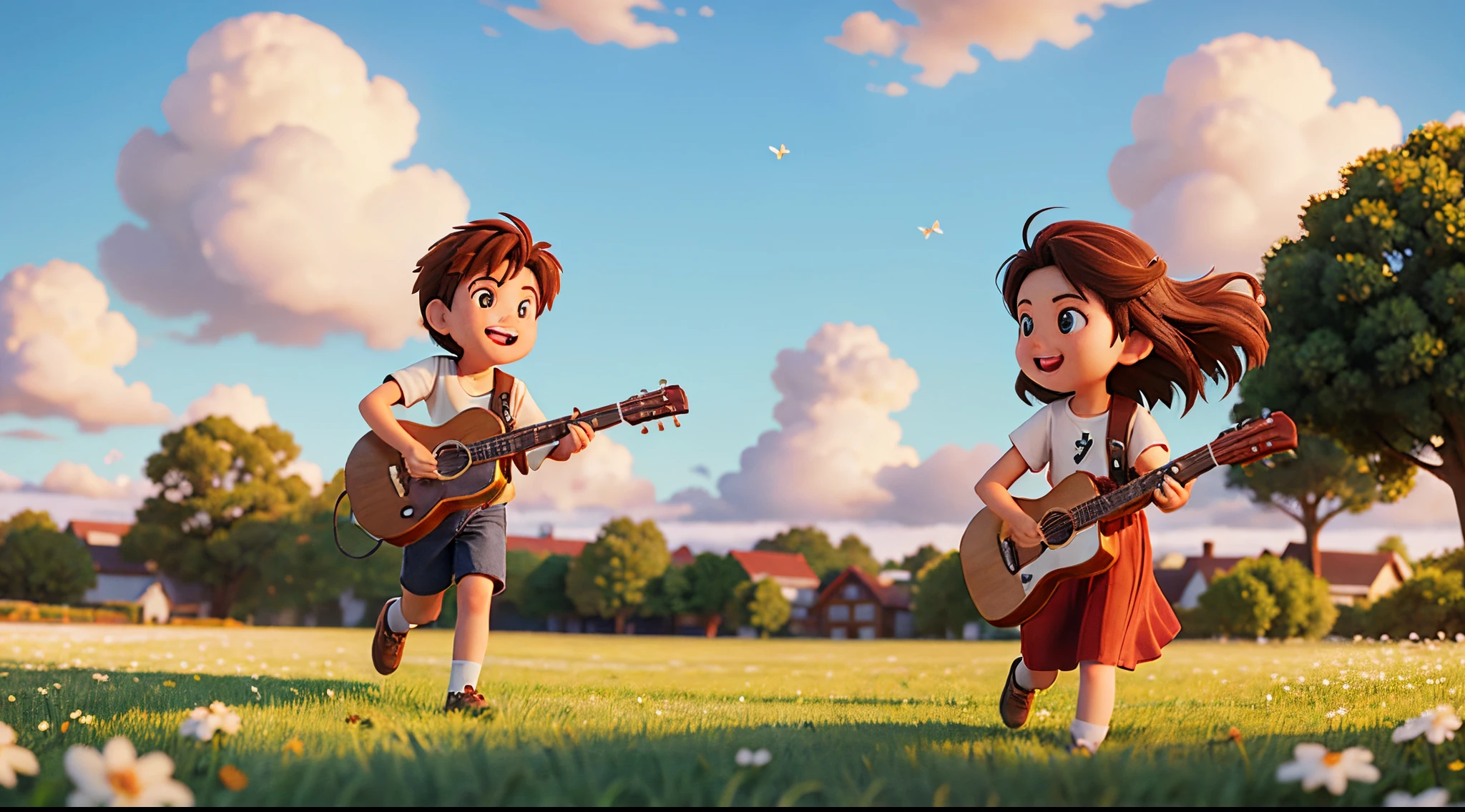 un niño corriendo en un campo de otoño tirando de su amiga detrás y una guitarra por otro lado cinematográfica , Cabello ondeando al viento . nubes en el fondo , pequeñas flores blancas entre la hierba y los insectos