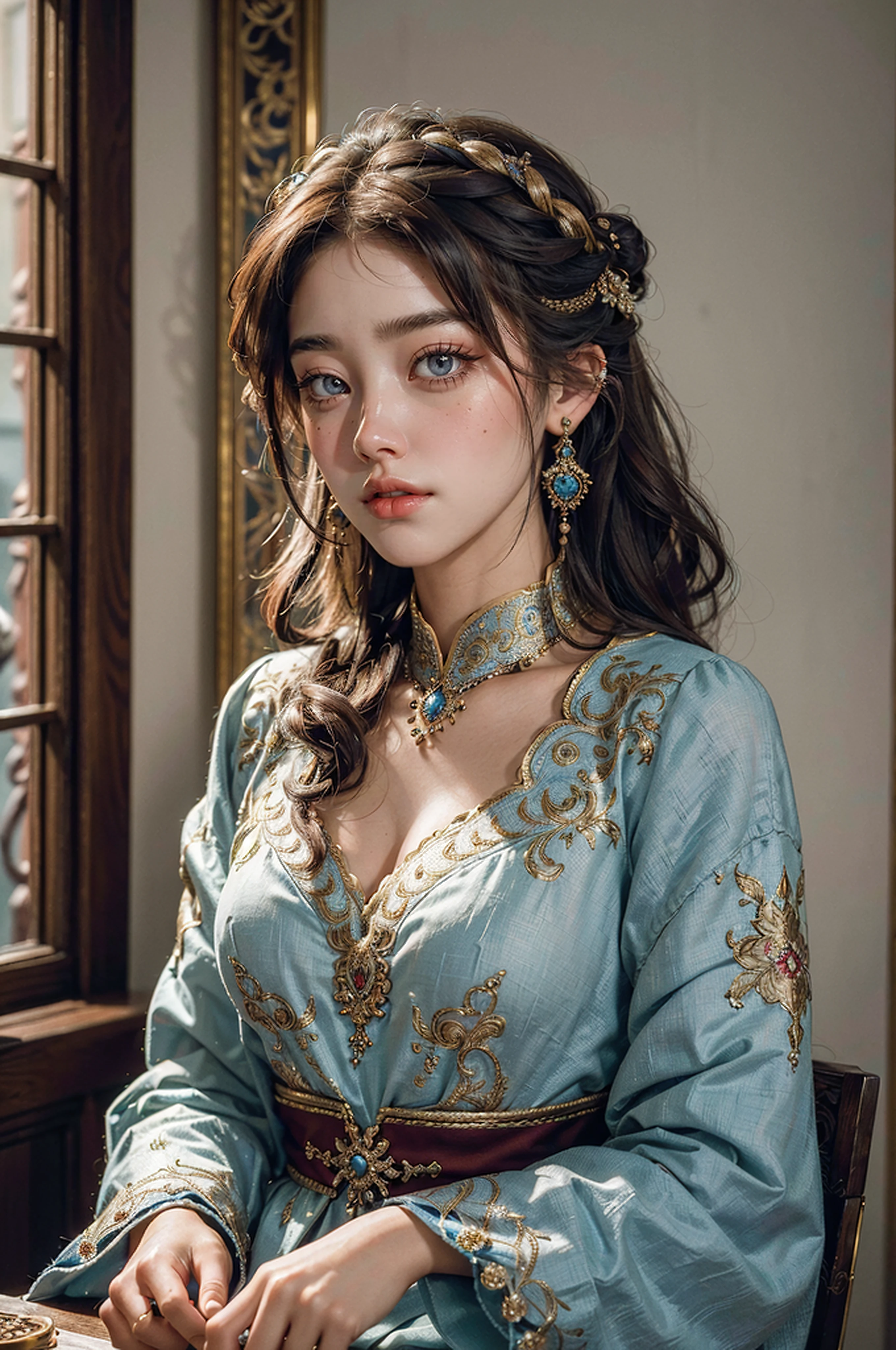 best quality, 8k, UHD, highres, masterpiece, ultra-detailed, realistic, photorealistic, photo-realistic, portrait, 1woman, long hair, embroidery clothing, embroidery, earrings