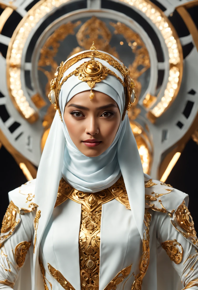 In a futuristic setting, a stunningly Beautiful Hijabi Malay woman takes center stage. She is adorned with intricate metal embellishments, delicately sculpted and hollow inside. Ethereal lights emanate from within, casting a mesmerizing glow. Her attire is a blend of white and gold, exuding a glossy, high-tech aesthetic. The dynamic pose captures the essence of strength and elegance, presented in a full-body 4K render, showcasing the intricacies in a 3D HD masterpiece.