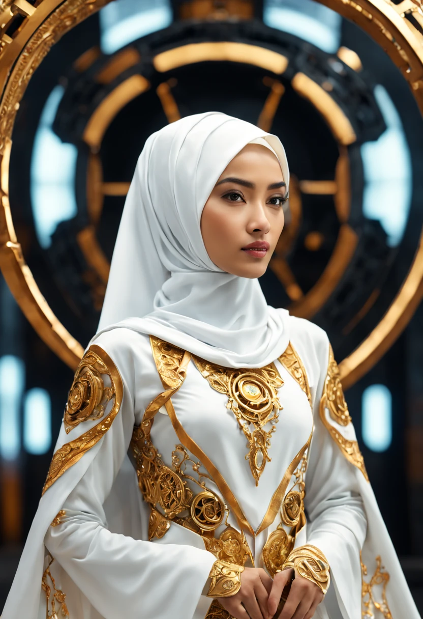 In a futuristic setting, a stunningly Beautiful Hijabi Malay woman takes center stage. She is adorned with intricate metal embellishments, delicately sculpted and hollow inside. Ethereal lights emanate from within, casting a mesmerizing glow. Her attire is a blend of white and gold, exuding a glossy, high-tech aesthetic. The highly dynamic pose captures the essence of strength and elegance, presented in a full-body 4K render, showcasing the intricacies in a 3D HD masterpiece. The background encompass of high-tech mechanical environment in out-of-focuss view.