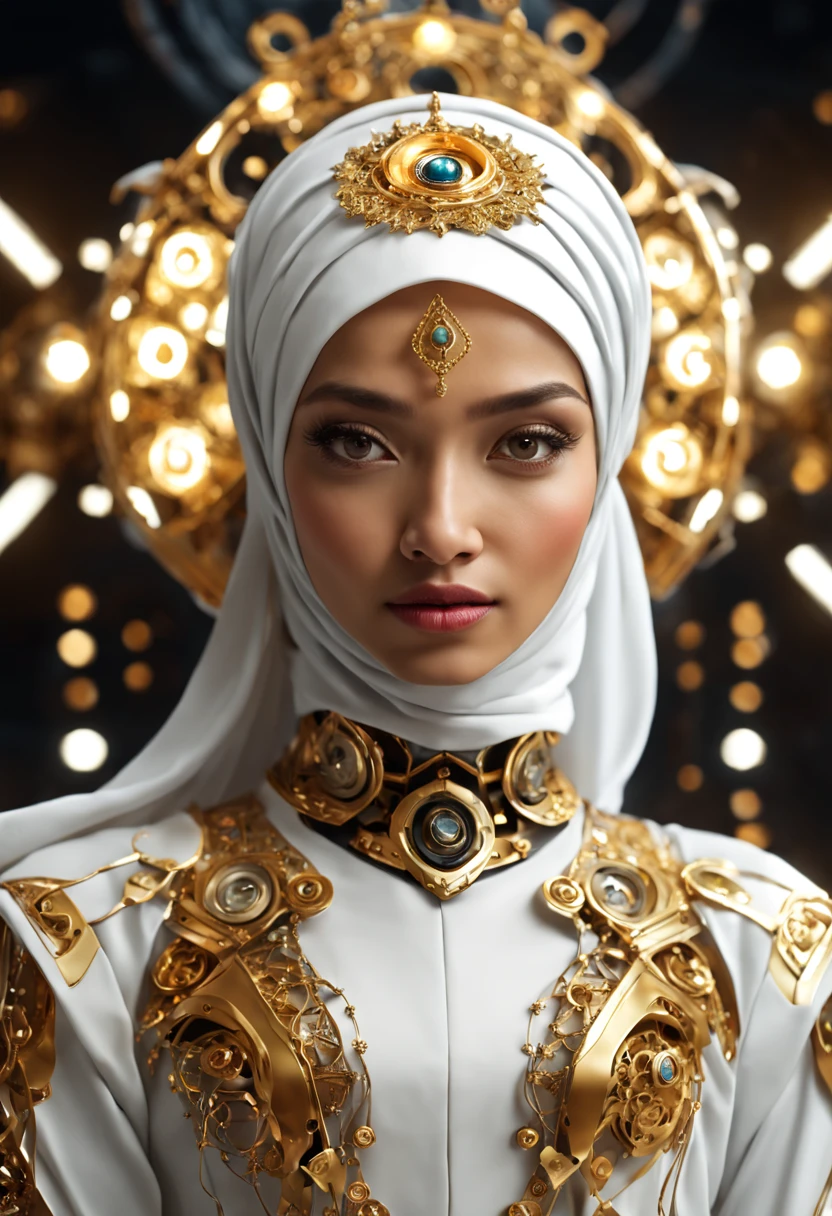 In einem futuristischen Setting, Eine atemberaubend schöne malaiische Frau mit Hijab steht im Mittelpunkt. Sie ist mit aufwendigen Metallverzierungen geschmückt, zart geformt und innen hohl. Ätherische Lichter strahlen aus dem Inneren, wirft einen faszinierenden Glanz. Ihr Kleid ist eine Mischung aus Weiß und Gold, strahlt einen glänzenden, High-Tech-Ästhetik. Die hochdynamische Pose fängt die Essenz von Kraft und Eleganz ein, präsentiert in einem Ganzkörper-4K-Rendering, Präsentation der Feinheiten eines 3D-HD-Meisterwerks. Der Hintergrund umfasst eine hochtechnologische mechanische Umgebung in unscharfer Ansicht.