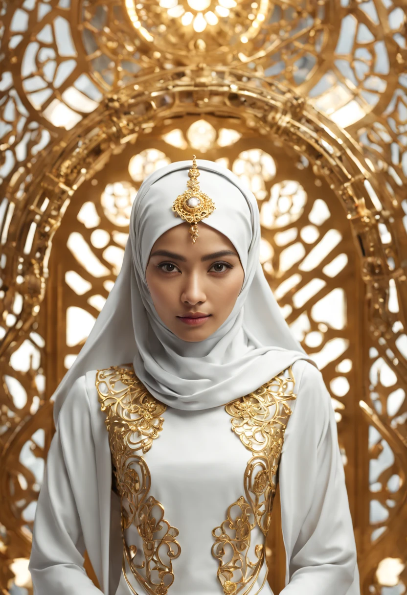 In a futuristic setting, a stunningly Beautiful Hijabi Malay woman takes center stage. She is adorned with intricate metal embellishments, delicately sculpted and hollow inside. Ethereal lights emanate from within, casting a mesmerizing glow. Her attire is a blend of white and gold, exuding a glossy, high-tech aesthetic. The highly dynamic pose captures the essence of strength and elegance, presented in a full-body 4K render, showcasing the intricacies in a 3D HD masterpiece. The background encompass of high-tech mechanical environment in out-of-focuss view.