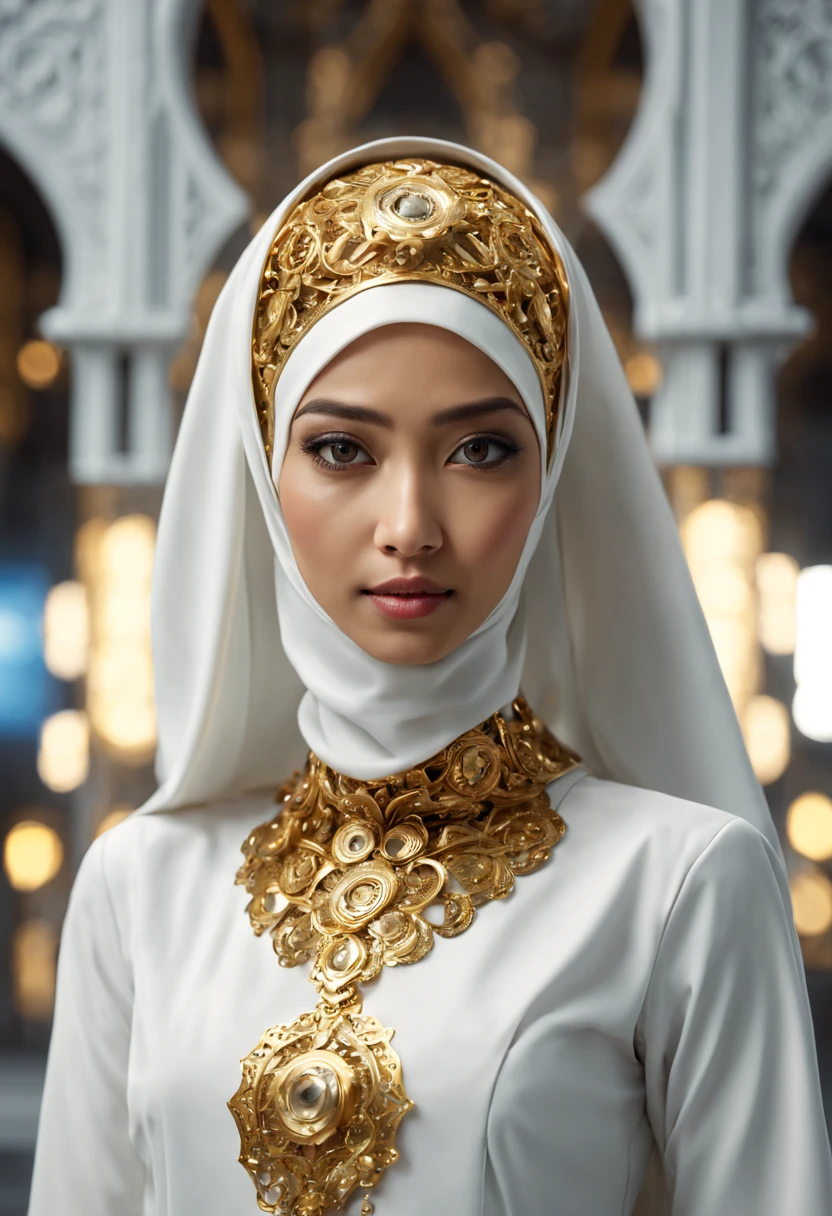 em um cenário futurista, uma belíssima mulher malaia Hijabi ocupa o centro do palco. Ela é adornada com intrincados enfeites de metal, delicadamente esculpido e oco por dentro. Luzes etéreas emanam de dentro, lançando um brilho hipnotizante. Seu traje é uma mistura de branco e dourado, exalando um brilho, Estética de alta tecnologia. A pose altamente dinâmica captura a essência da força e elegância, apresentado em uma renderização 4K de corpo inteiro, mostrando as complexidades de uma obra-prima em 3D HD. O plano de fundo abrange um ambiente mecânico de alta tecnologia em uma visão fora de foco.