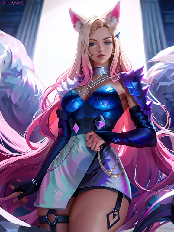 recording studio, high detal, 8K, A high resolution, (K/Go all out Ahri), ahri \(league of legend\), league of legend, 1个Giant Breast Girl, K/big breasts and big breasts (league of legend), Animal ear, Alone, fox tails, fox, fox ear, long whitr hair, Blonde hair, hands on the chest, eBlue eyes, idoly, face markings, looking at viewert, mitts, with pink hair, Fingerless gloves, Beard markings, (:1.75),  cosmetics, cparted lips, a skirt, hair adornments