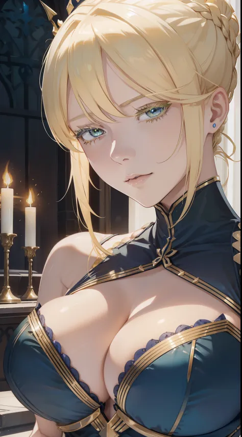 (Artoria Pendragon (Lancer) (fate)), adult female, elegant, braided bun, blonde, green eyes, (yellow eyelashes), curvaceous, large breasts, bare shoulders, blue leotard, cleavage cutout, elegant face, close-up portrait, high resolution, extremely detail 8k...