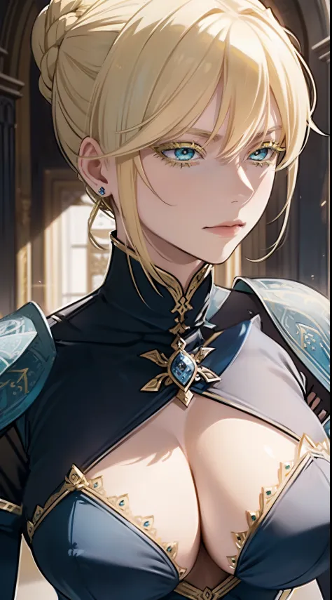 (Artoria Pendragon (Lancete)),  female, elegant, braided bun, blonde, green eyes, (yellow eyelashes), curvaceous, large breasts, bare shoulders, blue leotard, cleavage cutout, elegant face, close-up portrait, high resolution, extremely detail 8k.