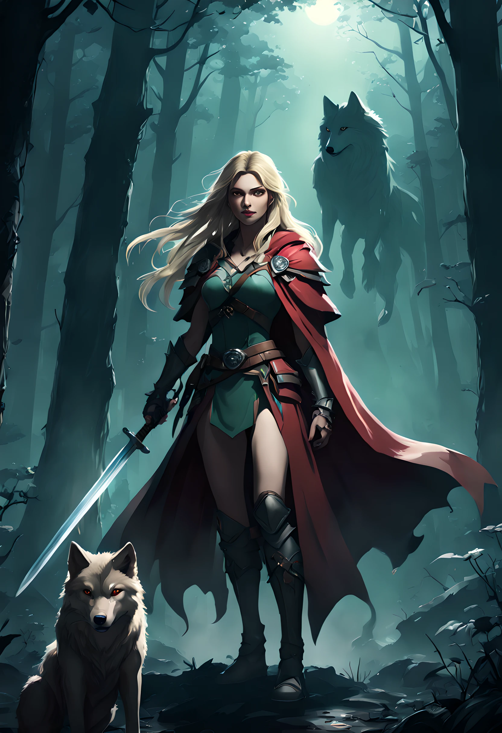 (Embroidery tapestry artwork: 1.5) fantasy art, RPG art, Dark fantasy art, ultra wide shot, RAW, photorealistic, a picture of female human ranger and her wolf pet, the ranger, an exquisite beautiful human woman, long blond hair, braided hair, green eyes, wearing leather armor, wearing (red cloak: 1.1), armed with a (sword: 1.3), wearing laced boots, standing in a dark forest at night, (mist rising from the grounds: 1.3), a sense of dread and fear, yet she stands defiant and fearless, her wolf pet stands near her, protecting her, dark fantasy forest background, best quality, 16k, [ultra detailed], masterpiece, best quality, (ultra detailed), full body, ultra wide shot, photorealism