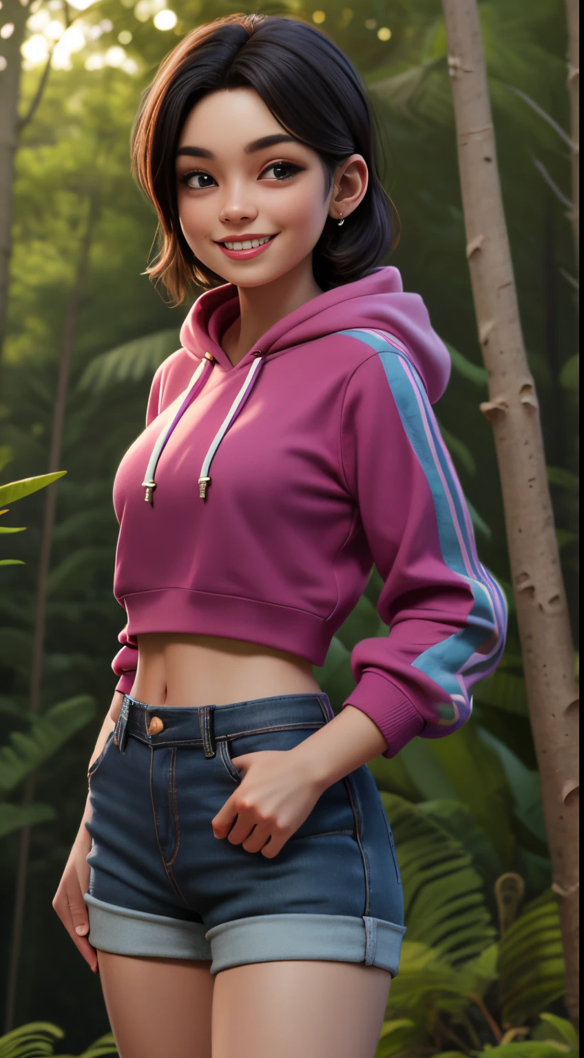 high quality 3d image of close up,smiling,looking at the camera,masterpiece,high detail,shorts,hoody,in a forest,exposed midriff,standing,