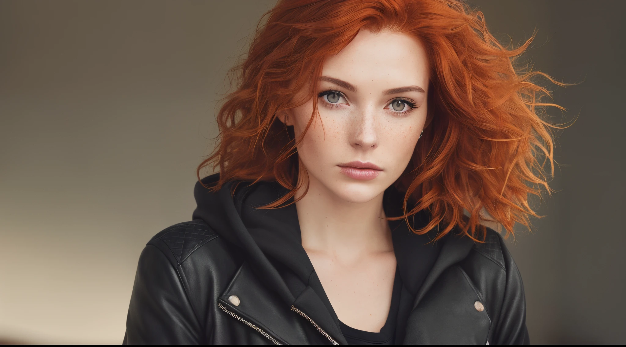 a photo of a seductive woman with loose styled (redhead hair:1.1), bored, she is wearing a hoodie and black leather jacket and leggings, mascara, (textured skin, skin pores:1.1), (moles:0.8), imperfect skin, goosebumps, flawless face, (light freckles:0.9), (sun-kissed:1.1), ((photorealistic):1.1), (raw, 8k:1.3),