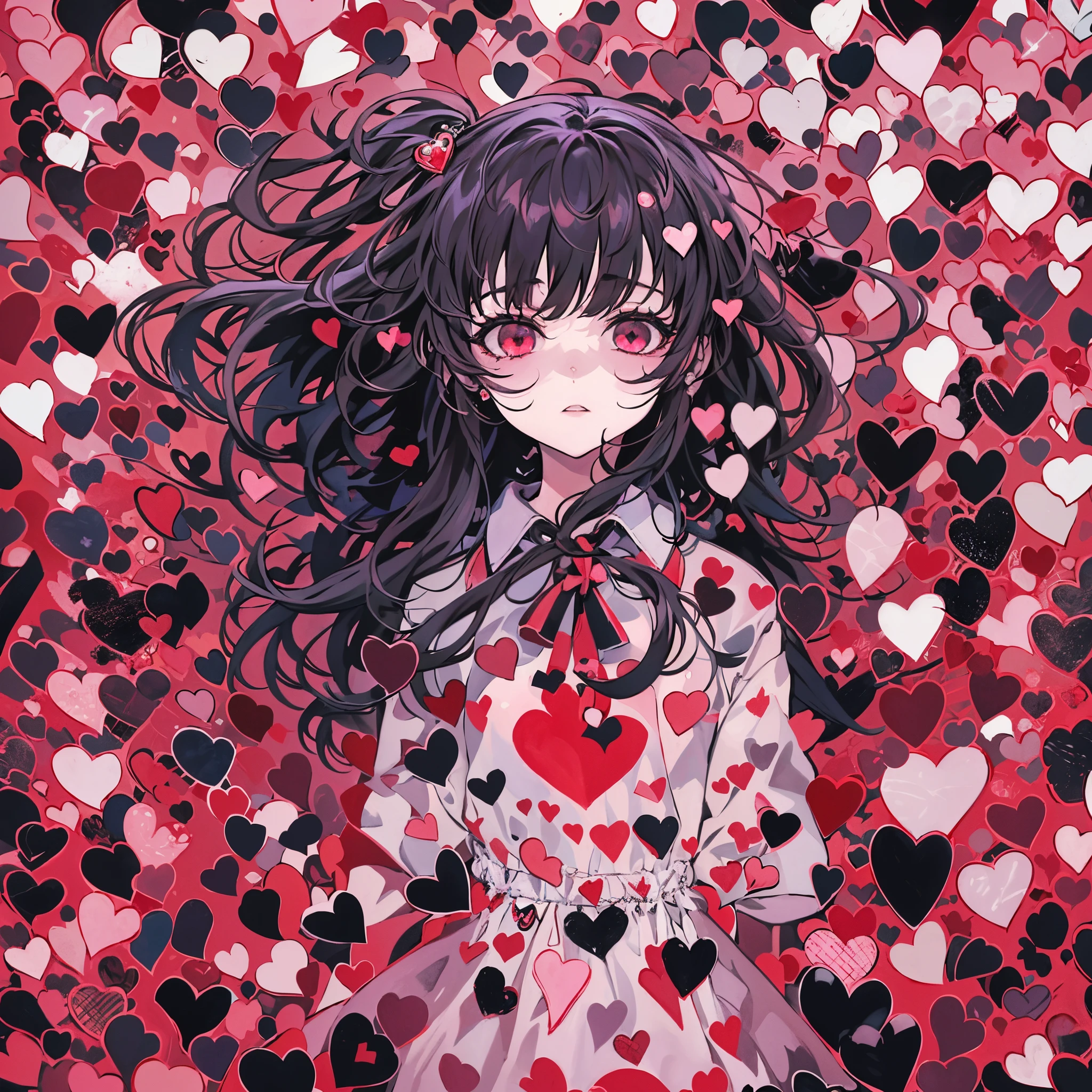 Anime girl with long hair and red eyes surrounded by hearts - SeaArt AI