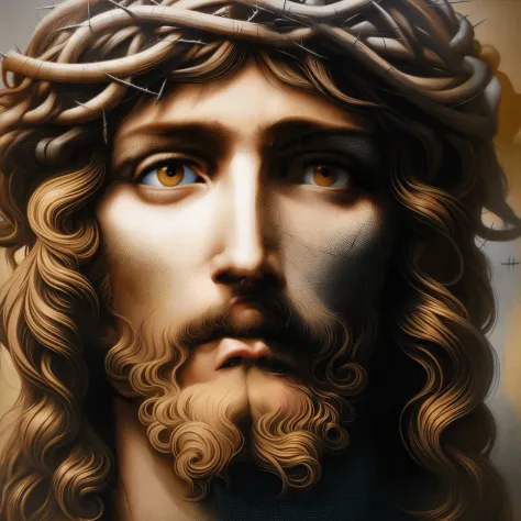 a close up of a painting of jesus with a crown of thorns on his head in the style of Leonardo da Vinci, portrait of jesus christ, jesus face, jesus christ, jesus of nazareth, jesus, baroque digital painting, renaissance digital painting, realistic 8k berni...