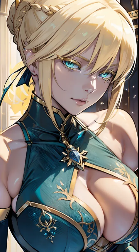 (Artoria Pendragon (Lancer) (fate)), adult female, elegant, braided bun, blonde, green eyes, (yellow eyelashes), huge breasts, bare shoulders, cleavage cutout close-up face, high resolution, extremely detail 8k cg.