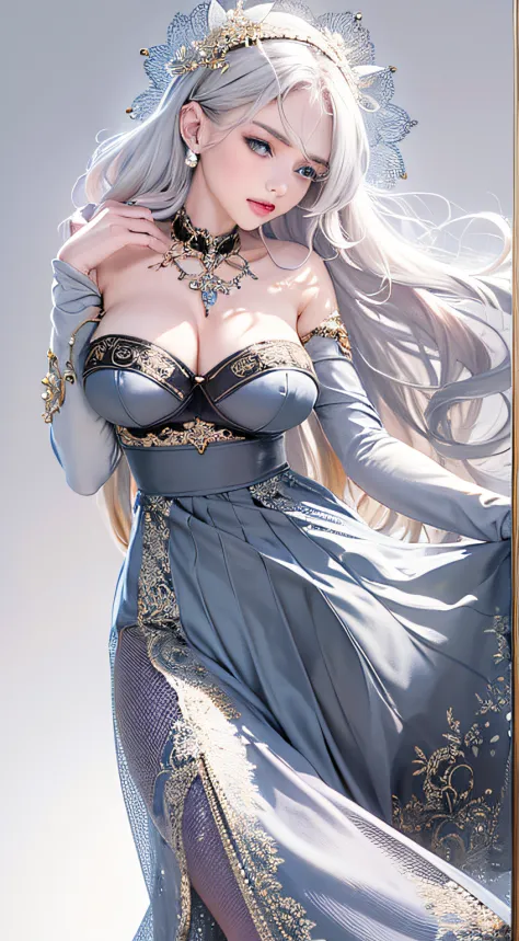 Photorealistic, High resolution, softlight, 1girl in, Solo, hips up high, Blue eyes, (silvery white straight long hair), Red lips, black lace sexy lingerie, hips up high, Jewelry,off shoulders、((The erection))、(Puffy eyes:1.２)、 (Slim legs),(Light shines on...