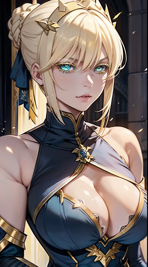 (Artoria Pendragon (Lancete)),  female, elegant, braided bun, blonde, green eyes, (yellow eyelashes), huge breast, bare shoulders, blue leotard, cleavage cutout, close-up face, high resolution, extremely detail 8k cg.