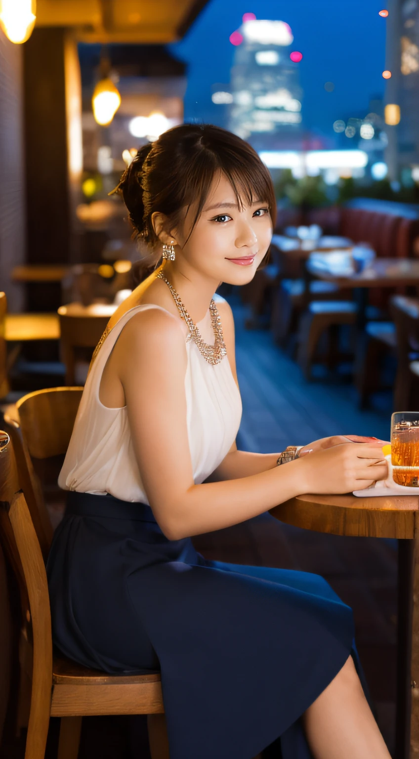 high-definition images, atmospheric perspective, 8k, super detail, accurate, best quality, (angle from under the table), a woman, drooping eyes, sleepy face, blush, in the city, busy, skyscrapers, skirt, high boots, shoulder bag, necklace, restaurant with large windows, takes a seat, (other customers), night scene, windows have harbor view, foods, hair up,