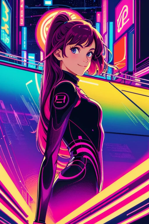 masterpiece, best quality, 1girl, city pop, night, neon lights, looking at viewer, body at an angle, upper body, slight smile, excited face, vector illustration, 80s clothing, long hair, 80s, old, art, neo tokyo, synthwave, abstract background, 80s anime, retro poster