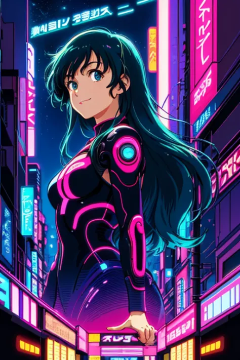 masterpiece, best quality, 1girl, city pop, ghibli, akira, night, neon lights, looking at viewer, body at an angle, upper body, ...