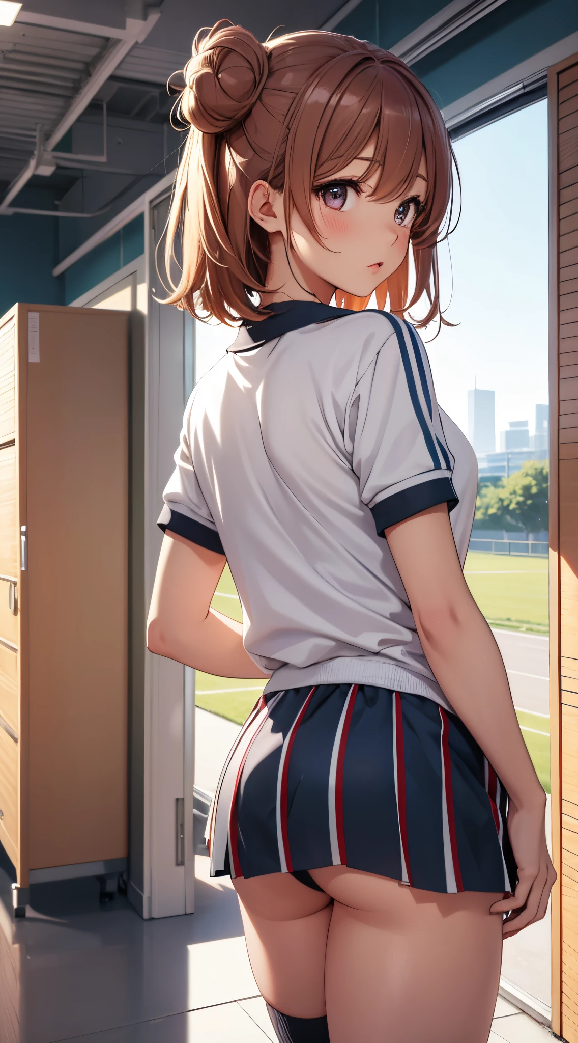 1girl, solo, masterpiece, best quality, high res, highly detailed, (illustration), beautiful detailed eyes, yuigahama yui, single hair bun, glossy lips, light makeup, standing, sport uniform, locker room, sneakers, (view from behind)