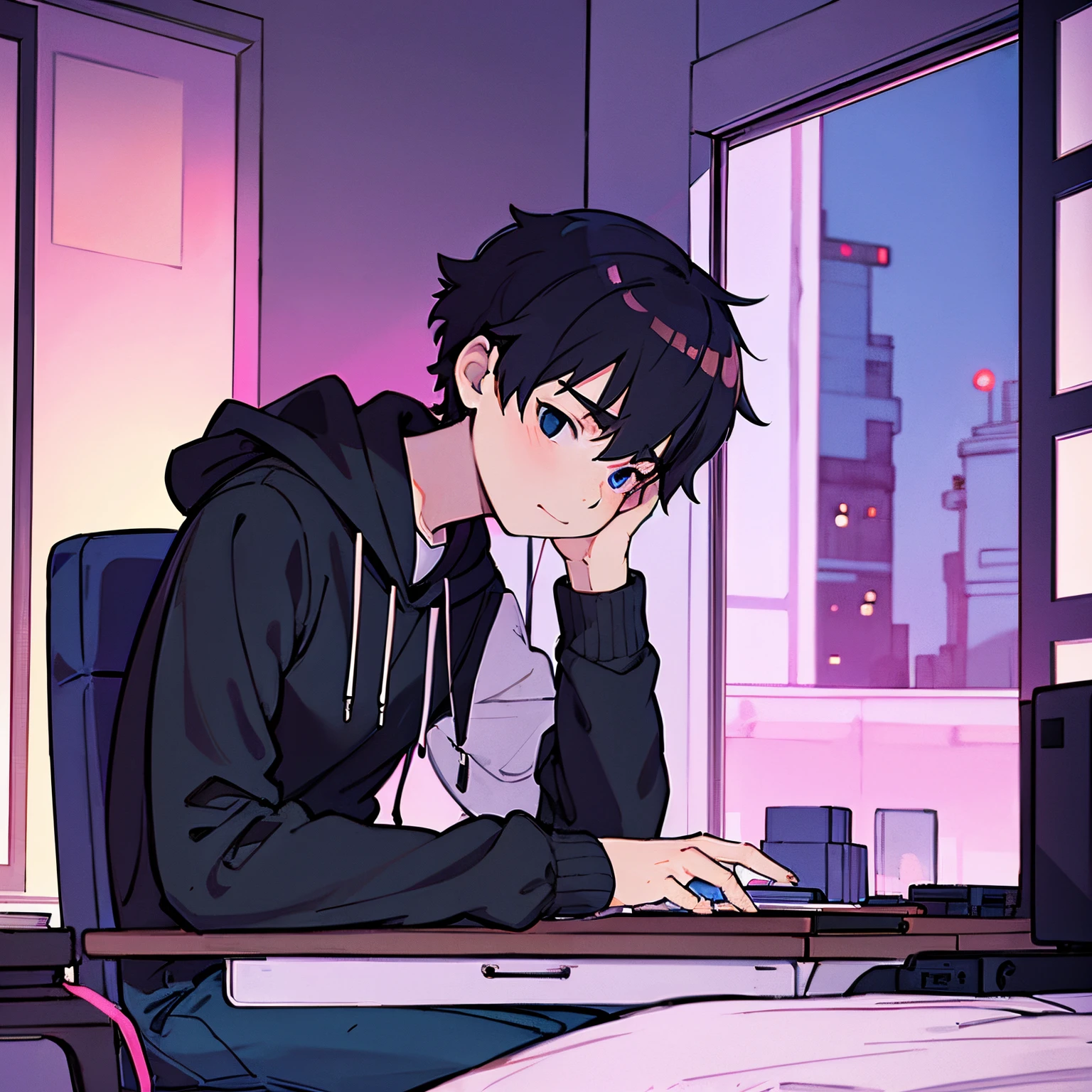 Garçon d&#39;anime assis au bureau，Equipé d&#39;un ordinateur et d&#39;une lampe de bureau, style artistique de Loepfe, art lofi, À la manière d&#39;Atey Ghailan, par Artie Guerlain, Inspired par Liam Wong, Inspiré par Atey Ghailan, style d&#39;illustration lo-fi, Portrait de Lofi, Harry Potter en cyberpunk, louer, lofi se sent, par Liam Wong，style cyberpunk