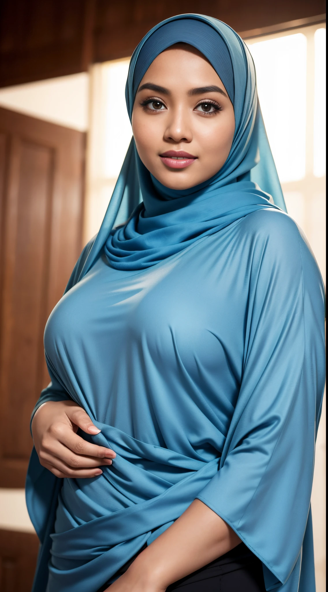 A woman in a blue hijab poses for a picture - SeaArt AI