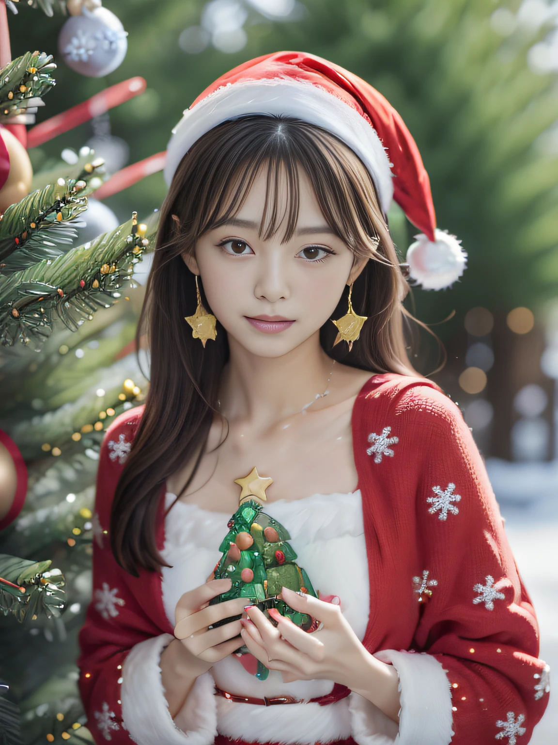 High resolution, Raw photo, Photorealistic, Extremely delicate and beautiful, Extremely detailed, finely detail, Highly detailed CG Unity 8k wallpaper, Ultra-detailed, (Best Quality, 8K, 32K, masutepiece, nffsw:1.2), Erotic cute Japanese beauty wearing Santa costume, Happy smile, Please give me a Christmas present, Red hoodie, santa hat, Santa Girl, (Christmas Ornaments, Christmas tree covered with sweets:1.8), snowy holy night, (Heavy snow outside the window), Japanese beauty in her 20s with a perfect figure, beautiful and detailed face, Beautiful and clear eyes, Delicate figure,