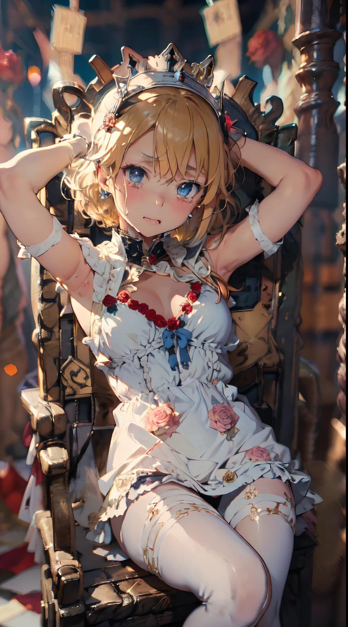 (The highest image quality, master piece:1.2), (Ultra Definition Illustration), (very beautiful littele princes:1.3), (1 girl:1.2), Solo, nsfw,  (shoot from very below:1.3) ,(condescending look:1.3), (nsfw:1.2), (sleeveless gorgeous queen blue dress with roses:1.3), sitting on the throne chair, queen crown, (armpits, tied wrist:1.2), (spread legs:1.3), (white panty:1.3), full body, Round baby face, (Blonde Short-Cut Hair), (white thigh high pantyhose:1.3), (embarrassed, crying), Luxurious palace rooms, Fancy Room, rpgroyalty, wooden horse,