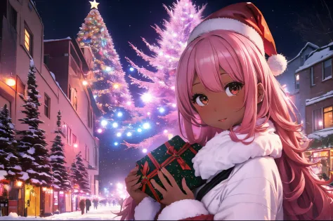 in a snowy city in winter,voluminous and fluffy santa costume,christmas tree,beautiful and fantastic night view,pink hair,black ...