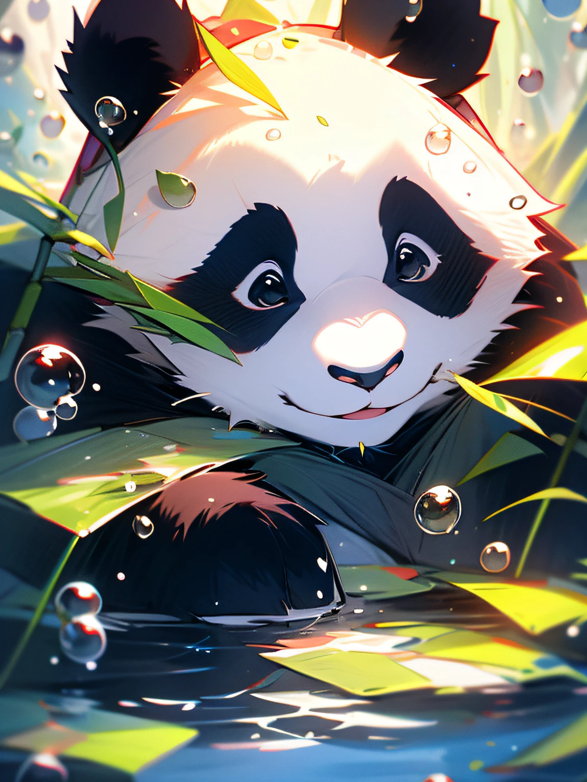 1 joli panda, gros plan du visage, portrait, velu, feuilles, Personne, eau, ampoules, bulles, plus de détails, couleurs riches, Sourire mignon, Meilleure qualité, 8k, saturation élevée