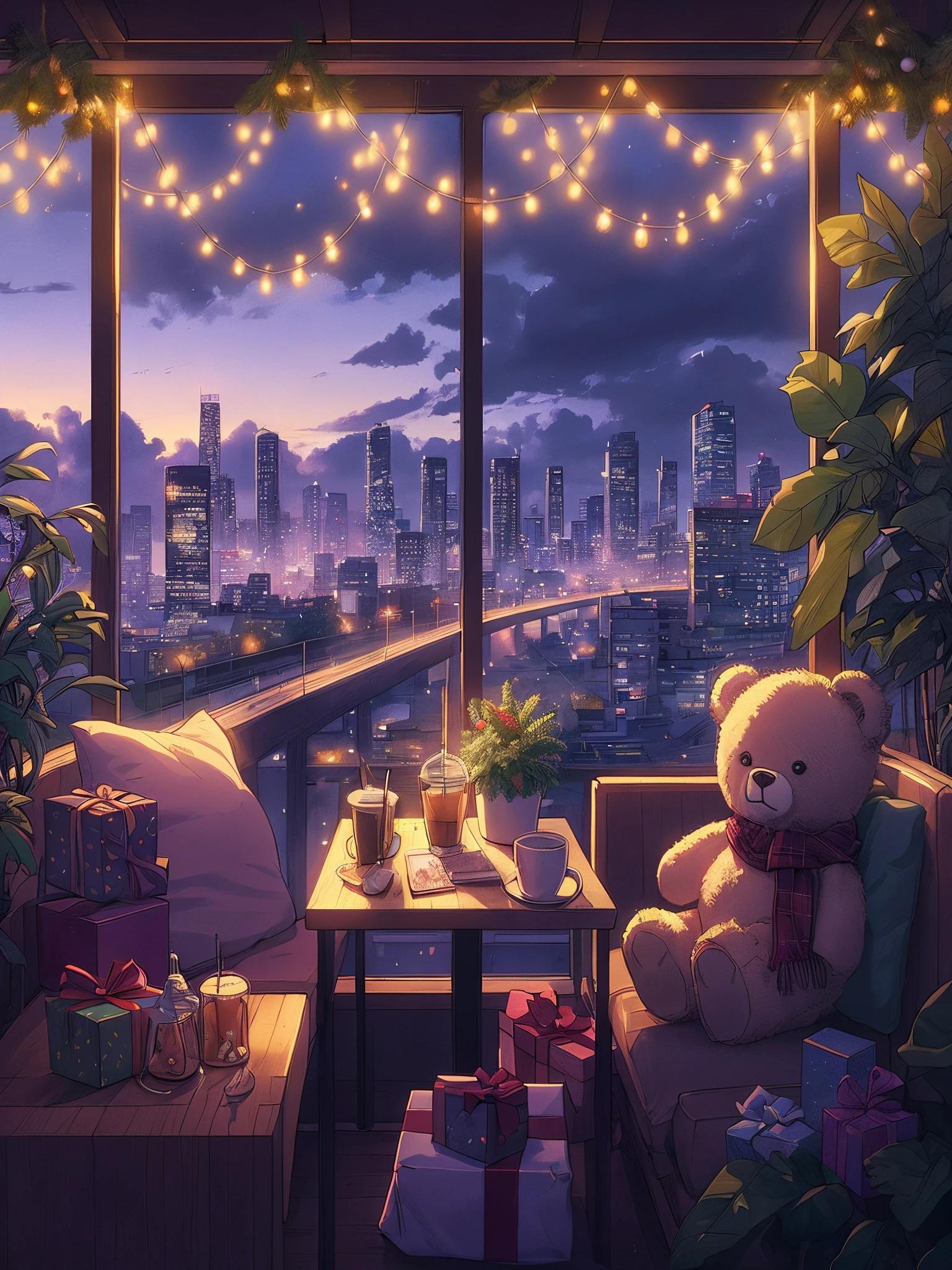 Draw an anime lofi scene of cafe with christmas decorations, teddy bear. plants, fairylights, giftpacks, city visible from window, ambient evening light, no human, cloudy sky, beautiful color palette