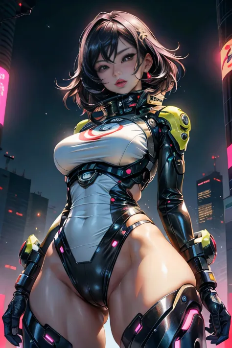 1 milf, 美丽的面容, big eye, large full breasts, thighs thighs thighs thighs, cybernetic body parts, Short underwear, (Background with: Night view of future cyber city), masutepiece, Realistic, impossible details, top-quality