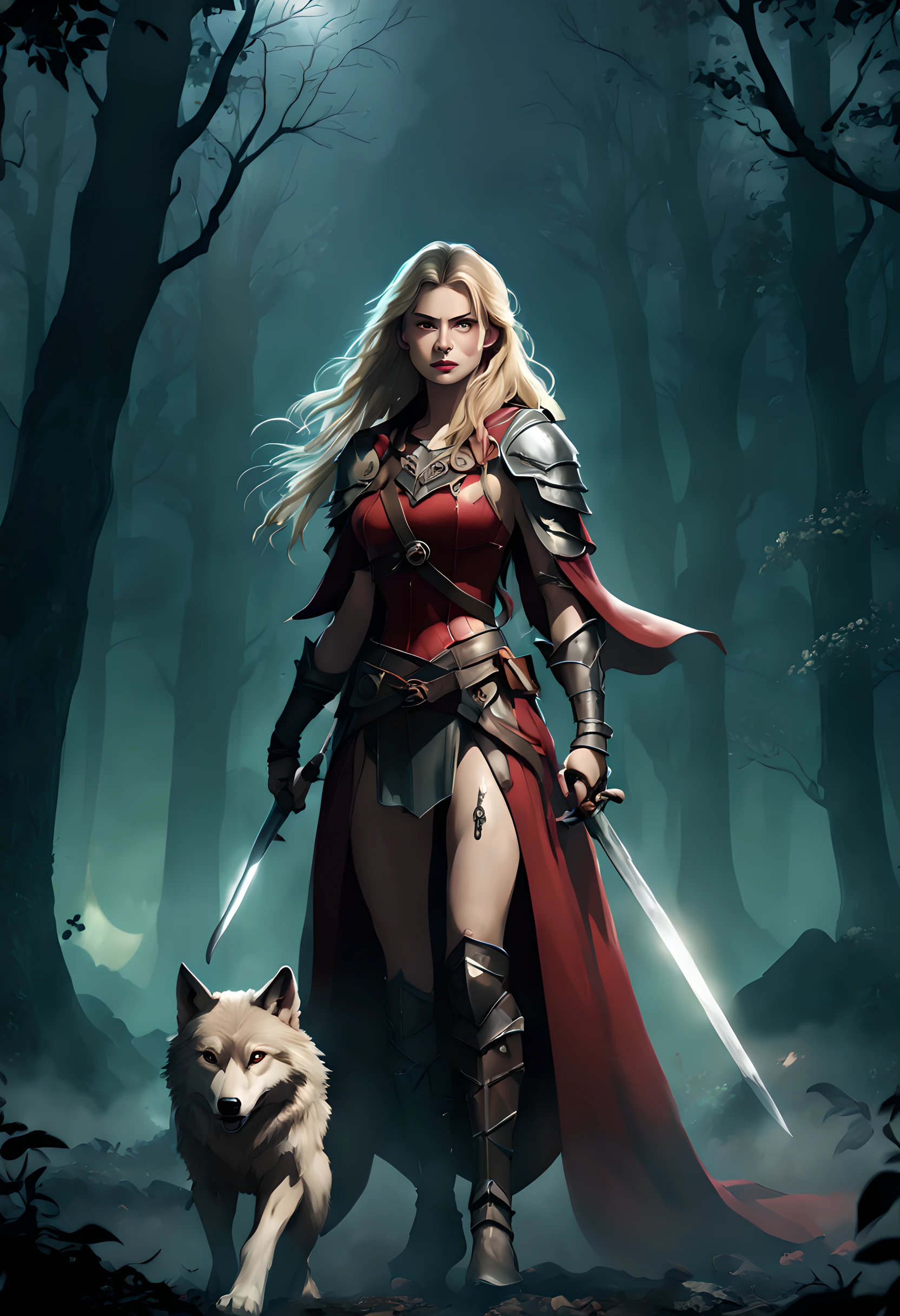 (embroidery artwork: 1.5), masterwork art, ultra wide shot, RAW, a picture of female human ranger and her wolf pet, the ranger, an exquisite beautiful human woman, long blond hair, braided hair, green eyes, wearing leather armor, wearing (red cloak: 1.1), armed with a (sword: 1.3), wearing laced boots, standing in a dark forest at night, (mist rising from the grounds: 1.3), a sense of dread and fear, yet she stands defiant and fearless, her wolf pet stands near her, protecting her, dark fantasy forest background, best quality, 16k, [ultra detailed], masterpiece, best quality, (ultra detailed), full body, ultra wide shot,