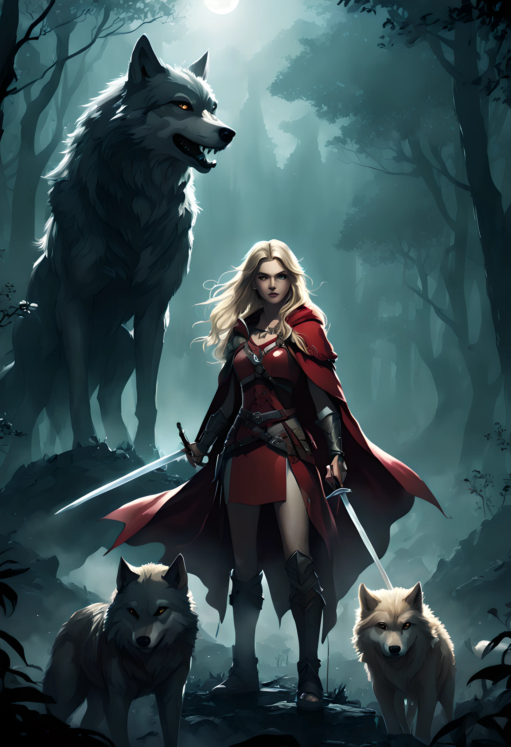 (embroidery artwork: 1.5), masterwork art, ultra wide shot, RAW, a picture of female human ranger and her wolf pet, the ranger, an exquisite beautiful human woman, long blond hair, braided hair, green eyes, wearing leather armor, wearing (red cloak: 1.1), armed with a (sword: 1.3), wearing laced boots, standing in a dark forest at night, (mist rising from the grounds: 1.3), a sense of dread and fear, yet she stands defiant and fearless, her wolf pet stands near her, protecting her, dark fantasy forest background, best quality, 16k, [ultra detailed], masterpiece, best quality, (ultra detailed), full body, ultra wide shot,