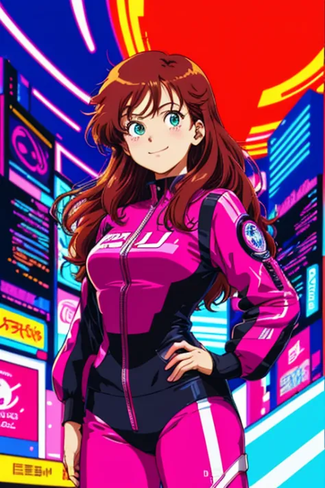 masterpiece, best quality, 1girl, city pop, akira, night, neon lights, looking at viewer, slight smile, excited face, vector ill...