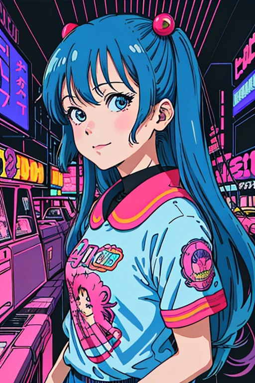 masterpiece, best quality, 1girl, city pop, akira, kyoto animation, kyoani, night, neon lights, looking at viewer, slight smile, excited face, vector illustration, 80s clothing, long hair, 80s, synthwave, abstract background, graphic, manga, 80s anime, retro poster