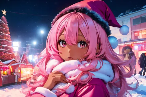 In a snowy city in winter,Voluminous and fluffy pink Santa costume,Christmas tree,Beautiful and fantastic night view,pink hair,b...