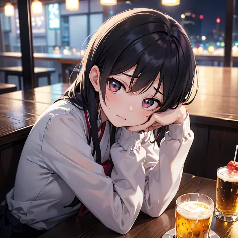 color anime illustration of a middle-haired woman in her twenties sitting at an izakaya table with a glass of beer in her hand. ...