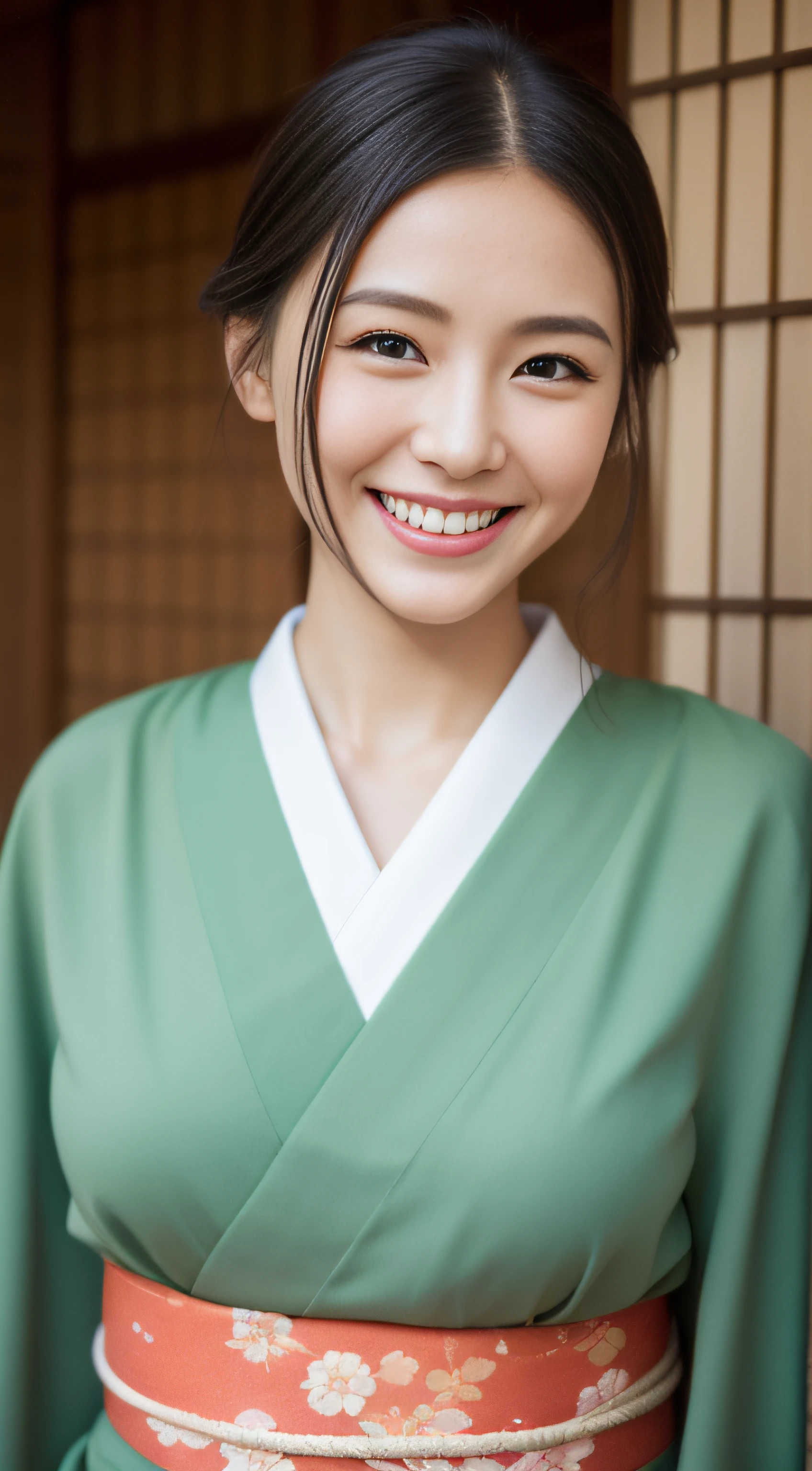 A close up of a woman in a green kimono smiling - SeaArt AI