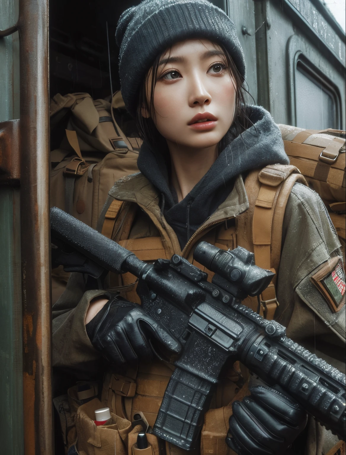 Photorealsitic、realistic skin textures、automatic rifle