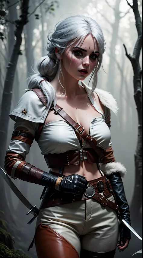 a half body shoot of ciri wearing a white top and a leather pants holding a sword in front of a dusty forest background in the s...