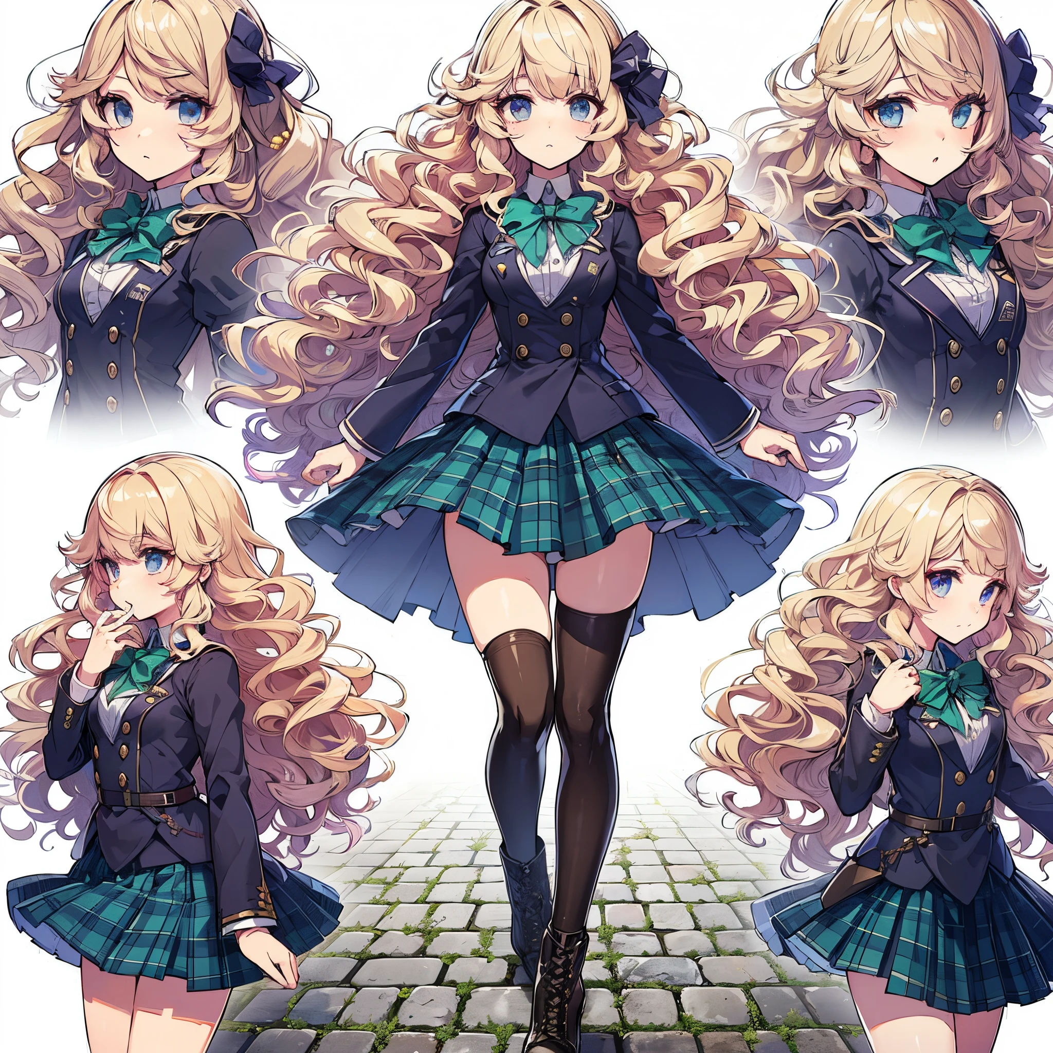 (​masterpiece, top-quality), (Perfect athlete body:1.2), (detailed hairs), Ultra-fine, anime styled, full bodyesbian, solo, aristocratic high school girl, Blonde curly hair and sapphire eyes, Dark green  and long skirt, standing on the cobblestones, high heels boots, 8K High Resolution, White background, full bodyesbian、standing with hand over mouth, high-handed atmosphere, Strong-minded