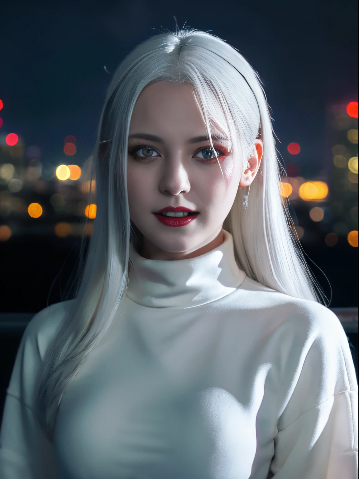 1girl in, (Solo), Anime girl with long white hair and red eyes, Girl with white hair, Girl in a white turtleneck, ((an eye patch)), Pointed ears, ((Vampire)), Smirk, smug, Closed mouth, Cowboy Shot, perfect gray hair girl, white haired god, Digital Cyberpunk Anime Art, turtle neck, Lens Flare, ((Dramatic Lighting)), Soft glowing red eyes, Extremely detailed, masutepiece, Looking at Viewer, city in background, (Night)