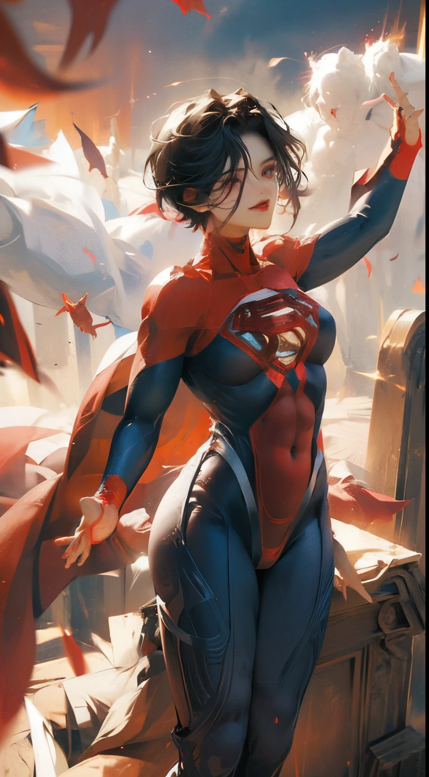 Anime perfekte SUPERGIRL Körper Frau, schwarze kurze Haare, leuchtend rote Augen, rote Lippen, Perfekte kleine Brüste, flying between clouds  in ambient antArtikel, Artikel, perfekter Körper, sexy Lächeln, Super-Mädchen