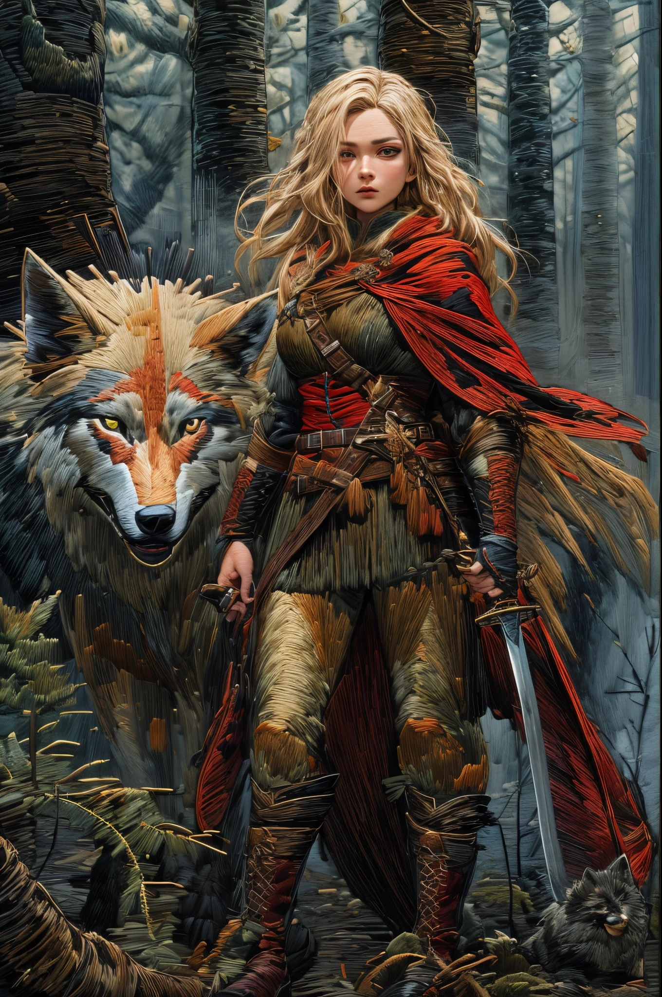 (embroidery artwork: 1.5), punch needle embroidery, masterwork art, ultra wide shot, RAW, a picture of female human ranger and her wolf pet, the ranger, an exquisite beautiful human woman, long blond hair, braided hair, green eyes, wearing leather armor, wearing (red cloak: 1.1), armed with a (sword: 1.3), wearing laced boots, standing in a dark forest at night, (mist rising from the grounds: 1.3), a sense of dread and fear, yet she stands defiant and fearless, her wolf pet stands near her, protecting her, dark fantasy forest background, best quality, 16k, [ultra detailed], masterpiece, best quality, (ultra detailed), full body, ultra wide shot,