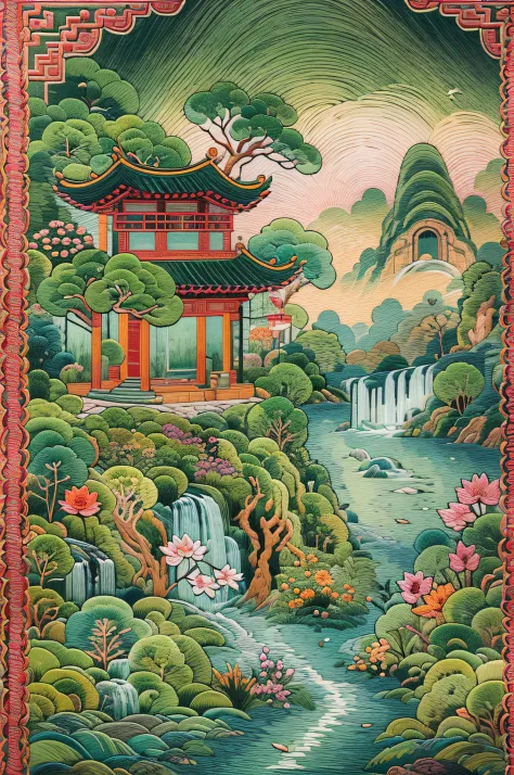 needlepoint，embroidery antique scene，green dragon，lotus flower，waterfall man，blue-sky，baiyun，chinese landscape painting