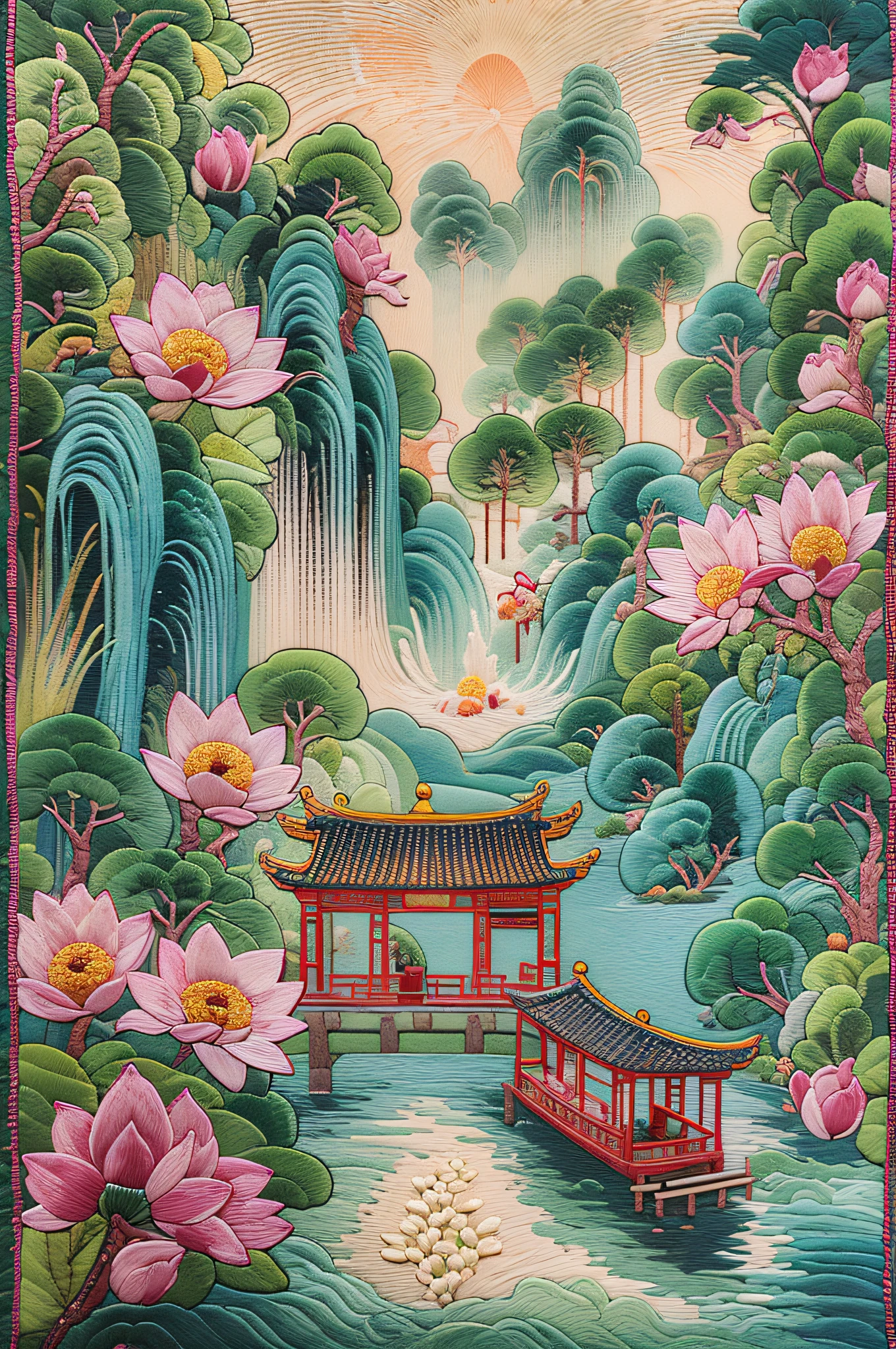 針尖，刺繡仿古場景，鳳凰，蓮花，瀑佈人，藍天，白雲，中國山水畫