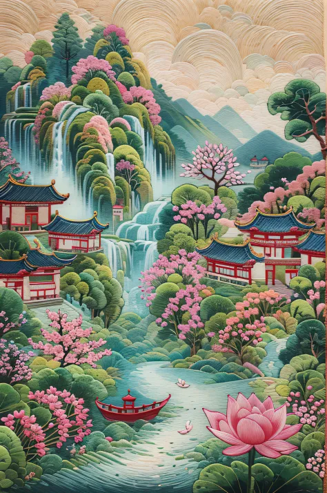 needlepoint，embroidery antique scene，fenghuang，lotus flower，waterfall man，blue-sky，baiyun，chinese landscape painting