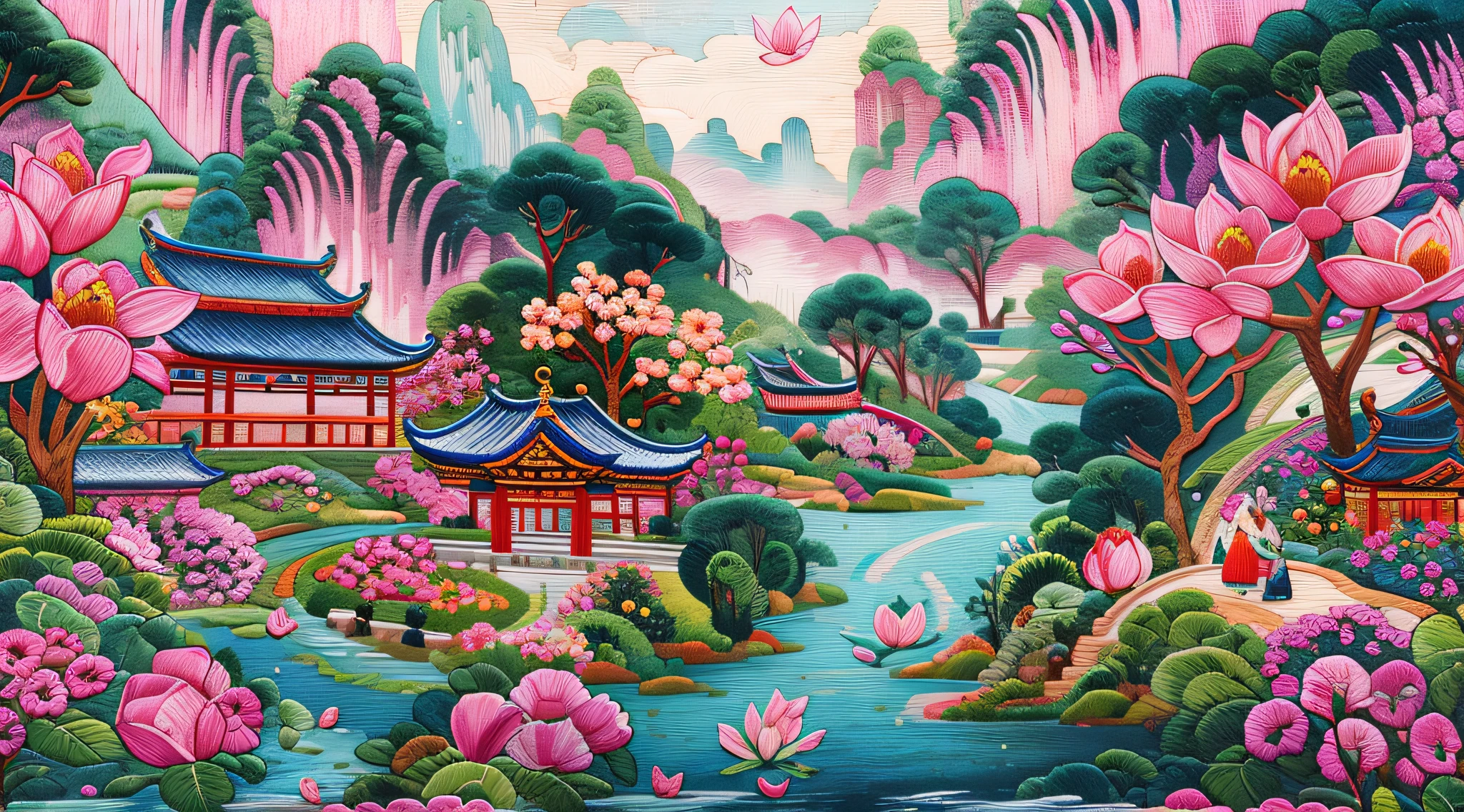 needlepoint，Embroidery antique scene，fenghuang，lotus flower，waterfall man，blue-sky，baiyun，Chinese landscape painting