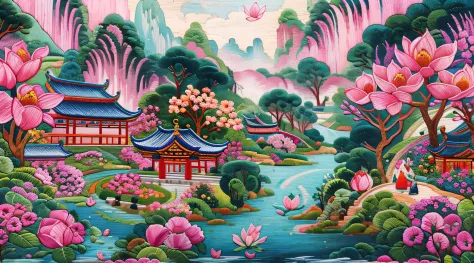 needlepoint，embroidery antique scene，fenghuang，lotus flower，waterfall man，blue-sky，baiyun，chinese landscape painting