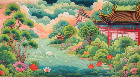 needlepoint，Embroidery antique scene，fenghuang，lotus flower，waterfall man，blue-sky，baiyun，Chinese landscape painting